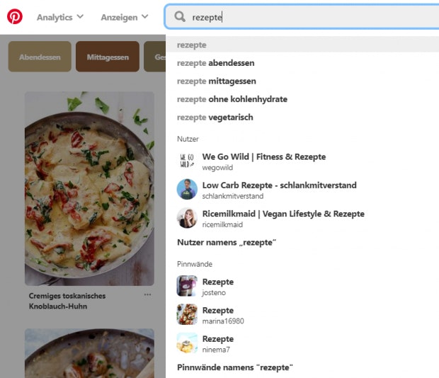 Screenshot Pinterest Suchleiste Auto Suggest